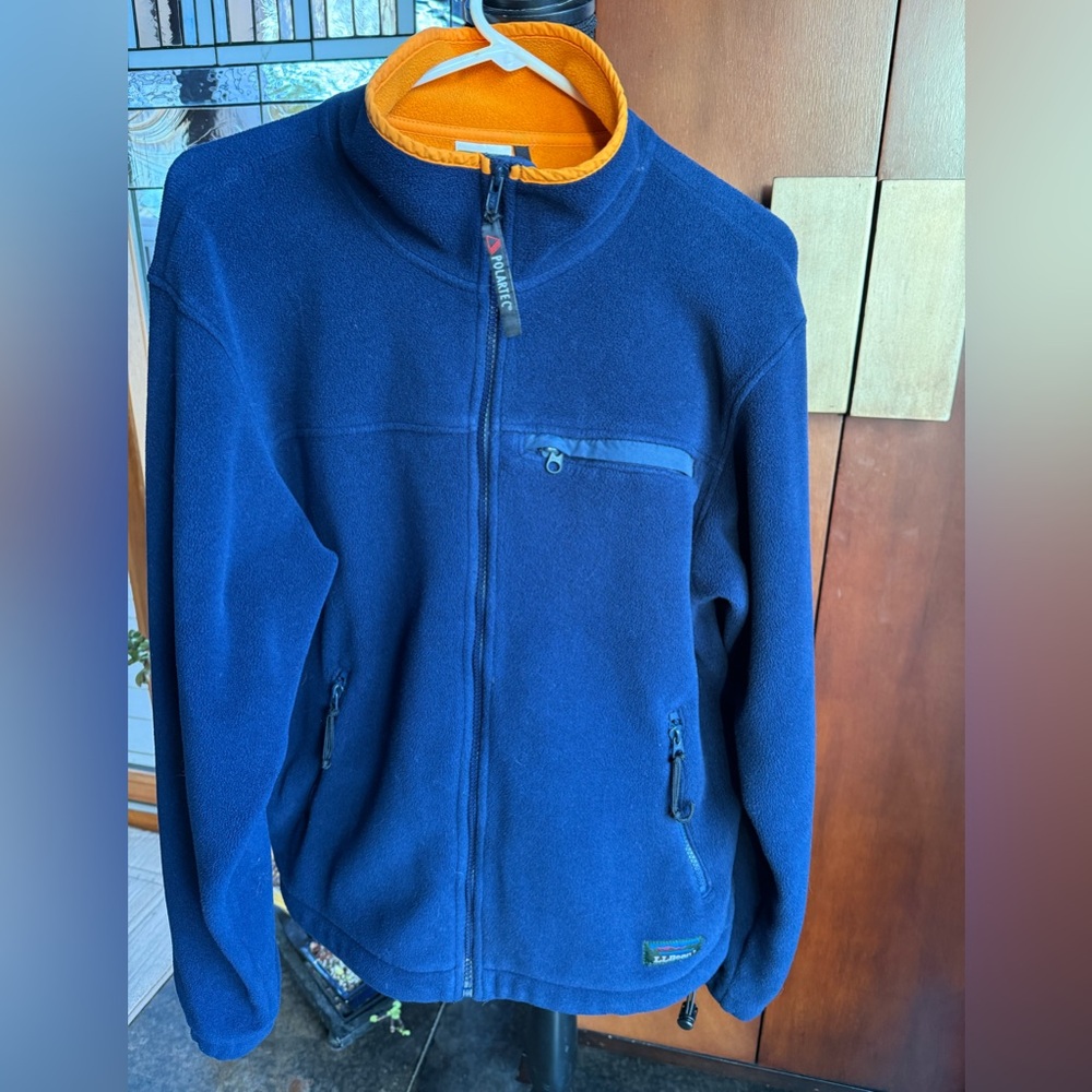 LLBean polartec fleece jacket, navy blue, orange interior, made in USA, retro M